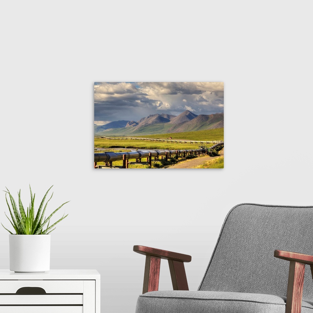 A modern room featuring Semi truck driving the Haul Road (James Dalton Highway) along the Trans Alaska Oil Pipeline on th...