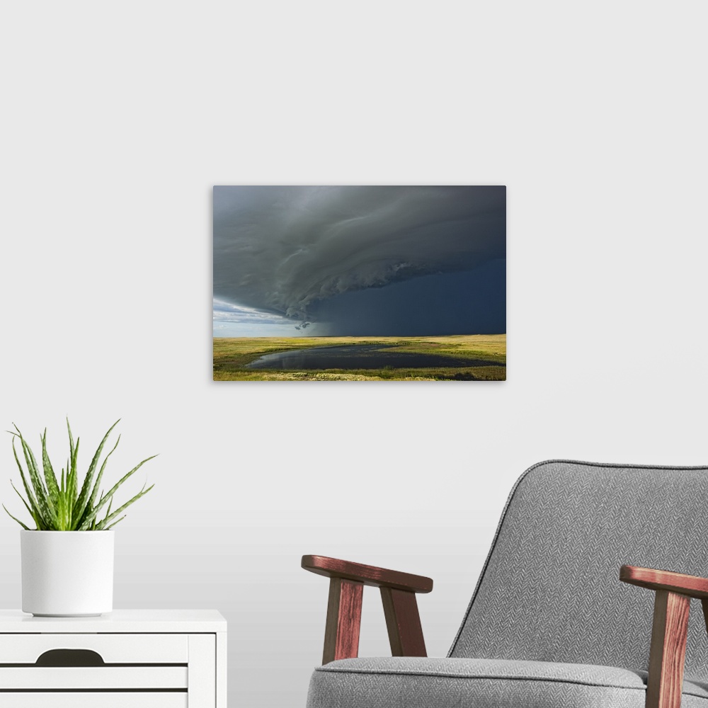 A modern room featuring Shelf cloud heralds an approaching thunderstorm over Grasslands National Park; Saskatchewan, Canada