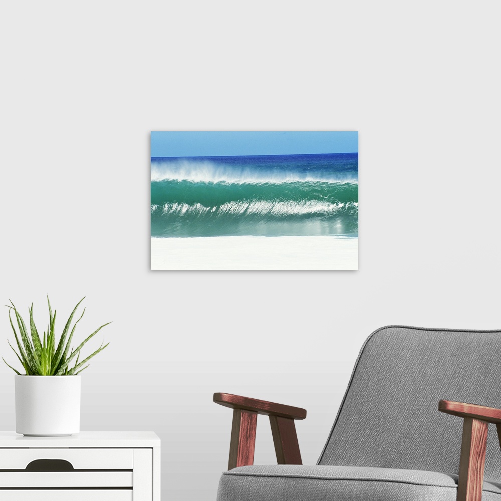 A modern room featuring Shimmery Shorebreak Wave With Silver Waters In Foreground