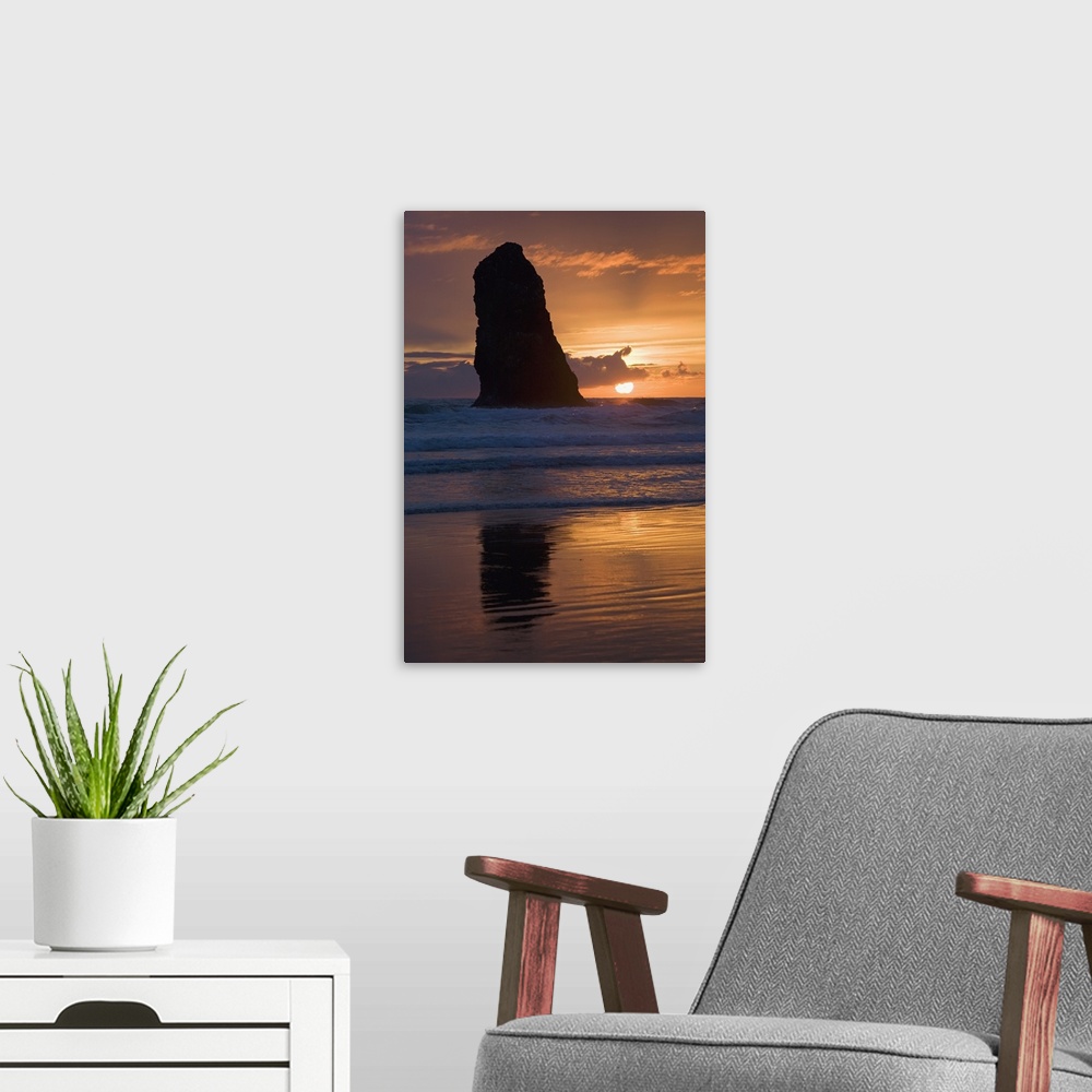 A modern room featuring Silhouette Of A Rock Formation At Sunset; Cannon Beach, Oregon, USA