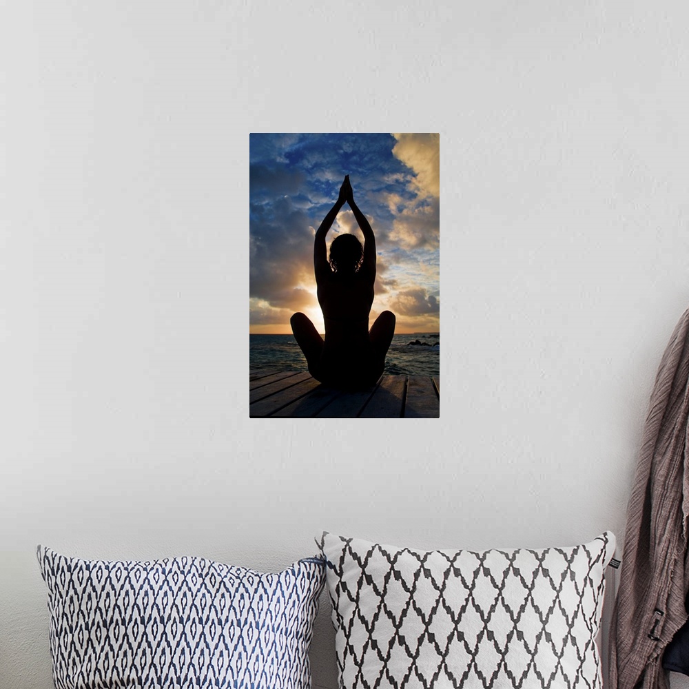 A bohemian room featuring Silhouette Of Woman Doing Yoga On Oceanside Pier