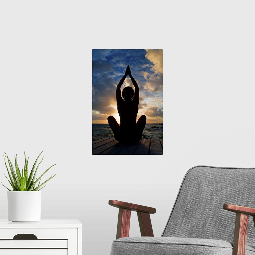 A modern room featuring Silhouette Of Woman Doing Yoga On Oceanside Pier
