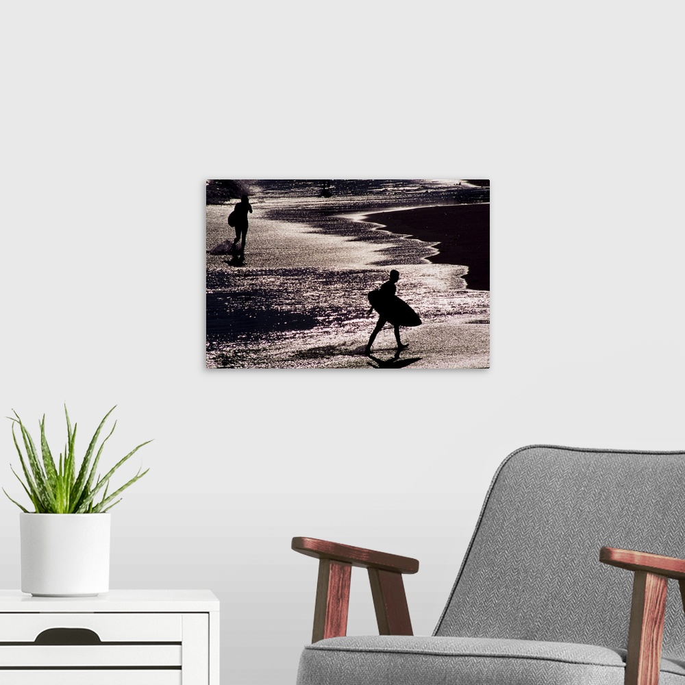 A modern room featuring Silhouettes Of Surfers On Beach, California, USA