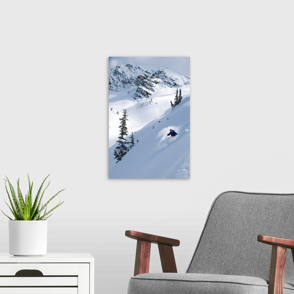 A modern room featuring Skier Hitting Powder Below Nak Peak, Cascade Mountains, BC, Canada