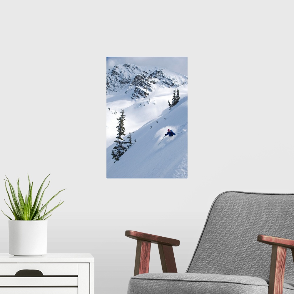 A modern room featuring Skier Hitting Powder Below Nak Peak, Cascade Mountains, BC, Canada
