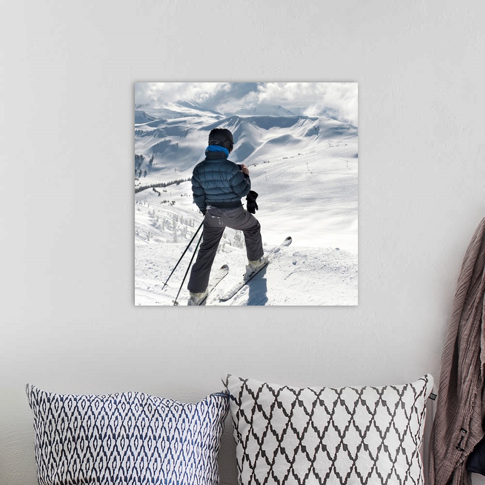 A bohemian room featuring Skier Pauses On The Trail To Look Out Over The Mountains, Whistler, BC, Canada