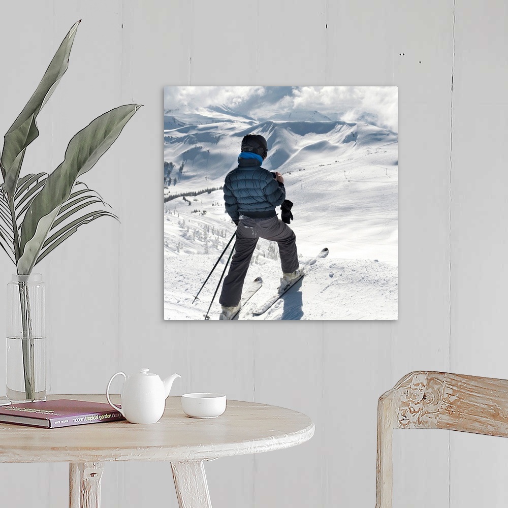 A farmhouse room featuring Skier Pauses On The Trail To Look Out Over The Mountains, Whistler, BC, Canada