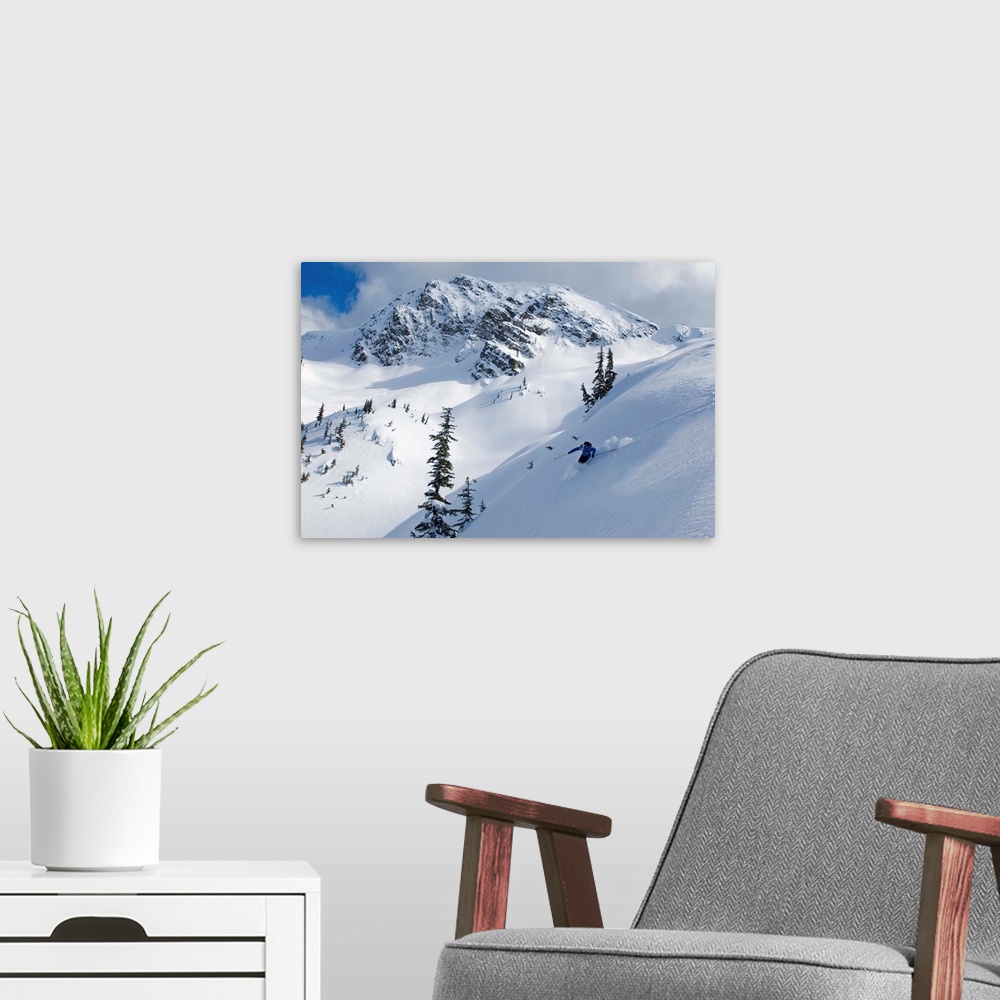 A modern room featuring Skier Shredding Powder Below Nak Peak, Cascade Mountains, BC, Canada