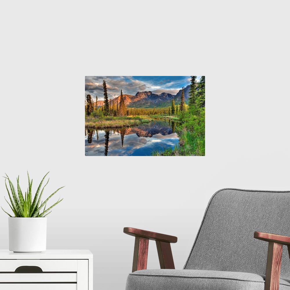 A modern room featuring Skookum Volcano reflecting in a pond along the Nabesna Road in Wrangell-St. Elias National Park a...