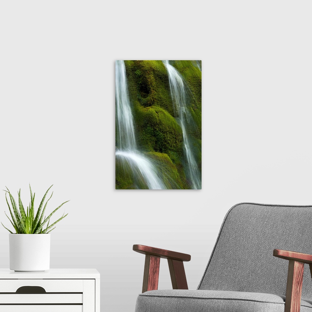 A modern room featuring Small Waterfall Over Mossy Stones In Gleann Einich Scotland, United Kingdom