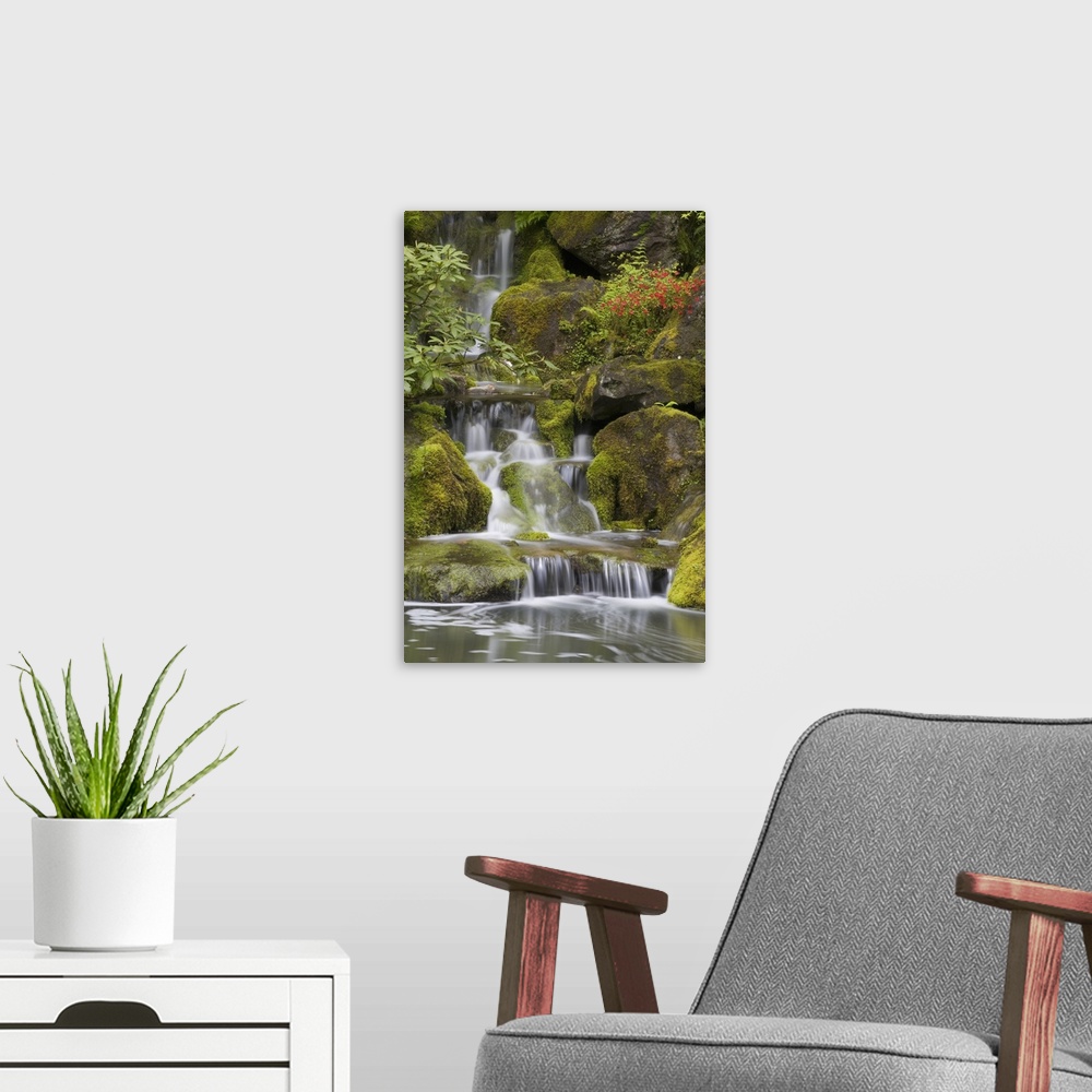 A modern room featuring Small Waterfalls Along Moss Covered Rocks; Portland, Oregon, USA