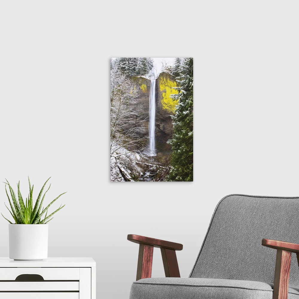 A modern room featuring Snow Adds Beauty To Latourell Falls, Columbia River Gorge; Oregon, USA