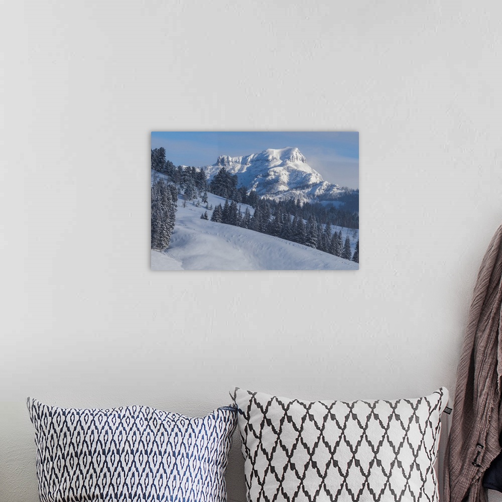 A bohemian room featuring View of snow covered Barronette Peak in the Absaroka Range on a sunny winter day in Yellowstone N...
