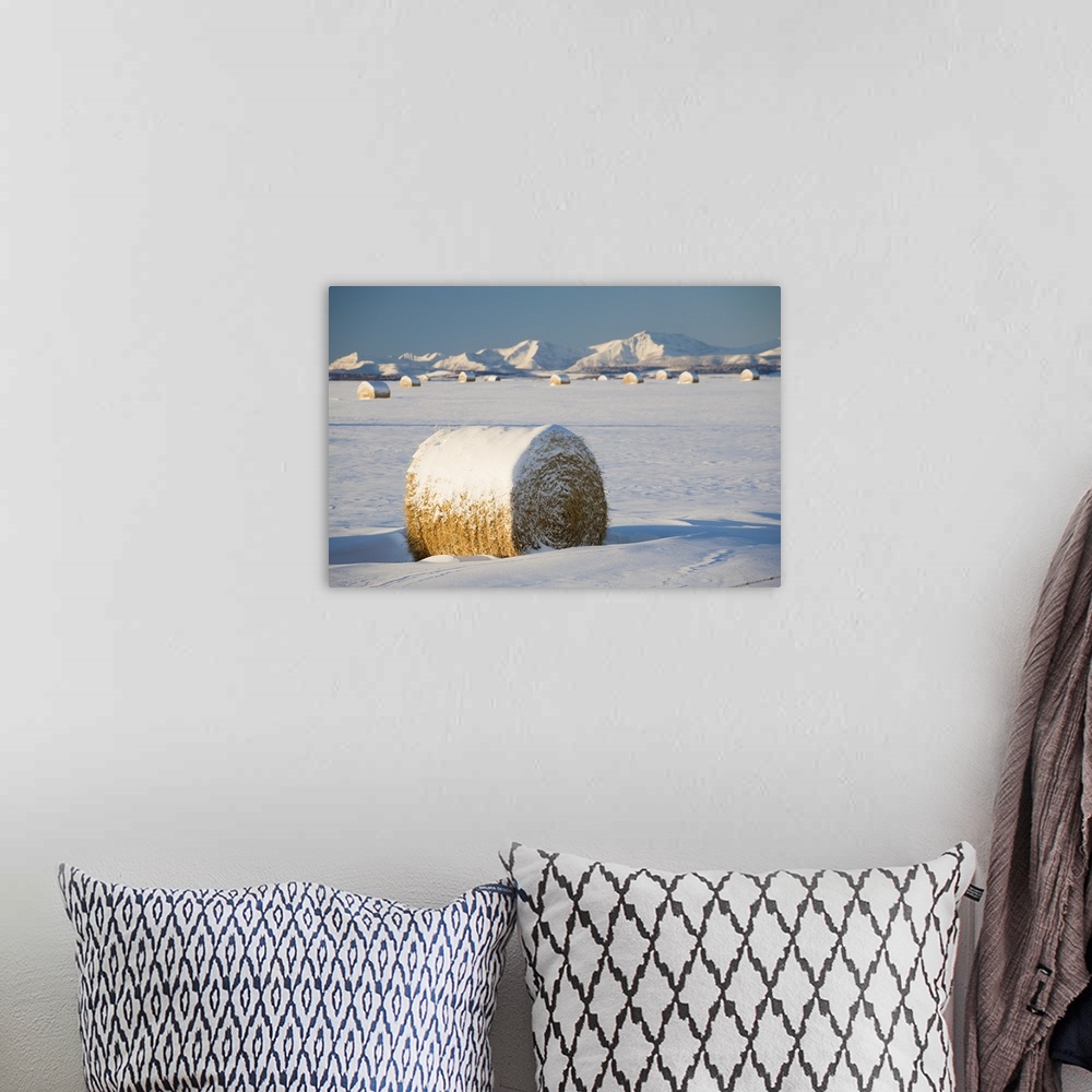 A bohemian room featuring Snow-Covered Hay Bales; Okotoks, Alberta, Canada