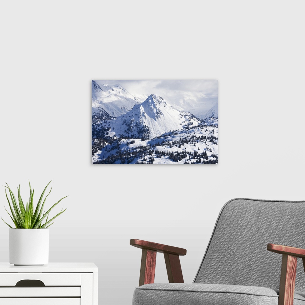 A modern room featuring Snow Covered Kenai Mountains, Kachemak Bay State Park; Alaska, United States Of America