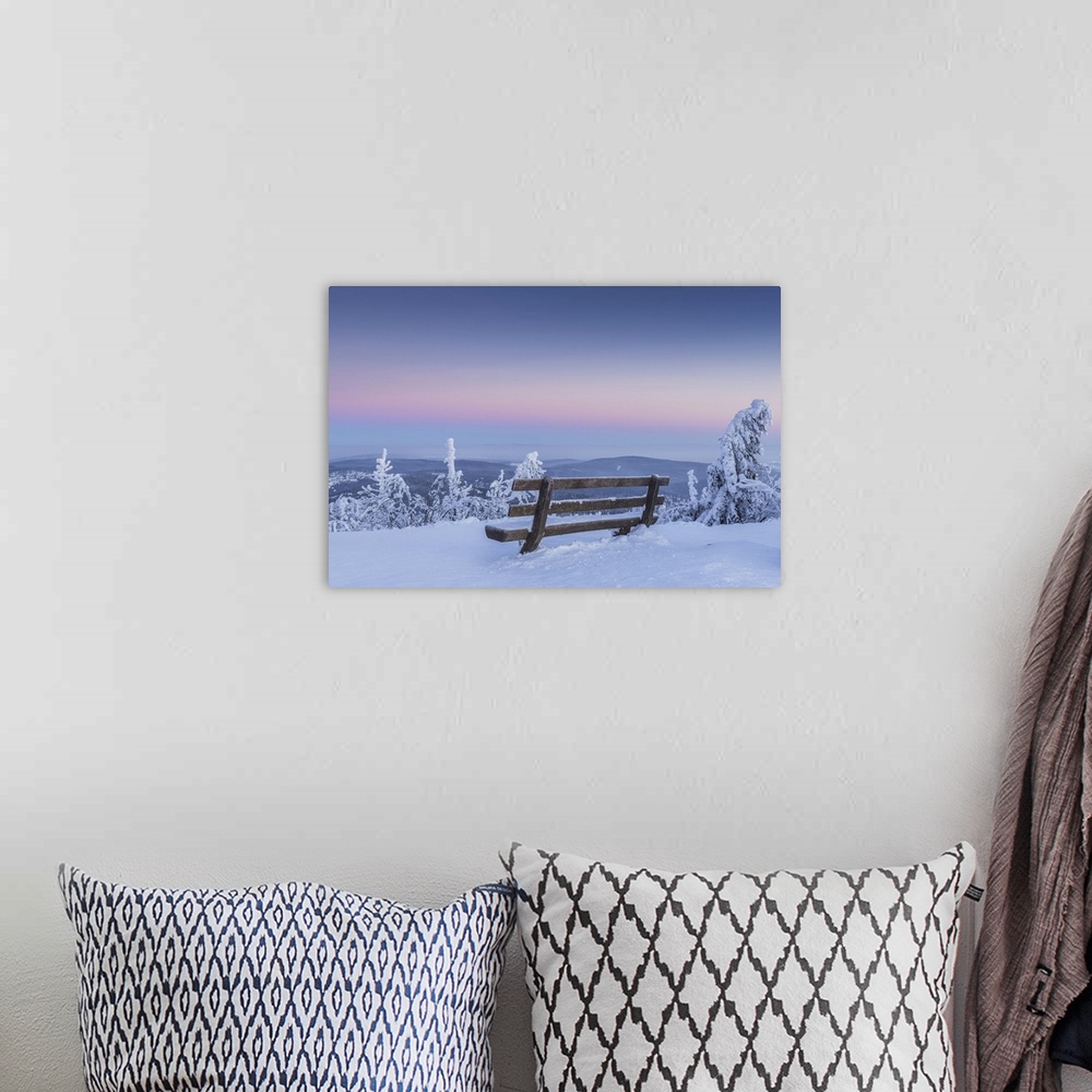 A bohemian room featuring Snow Covered Winter Landscape with Bench at Dawn, Grosser Feldberg, Frankfurt, Taunus, Hesse, Ger...
