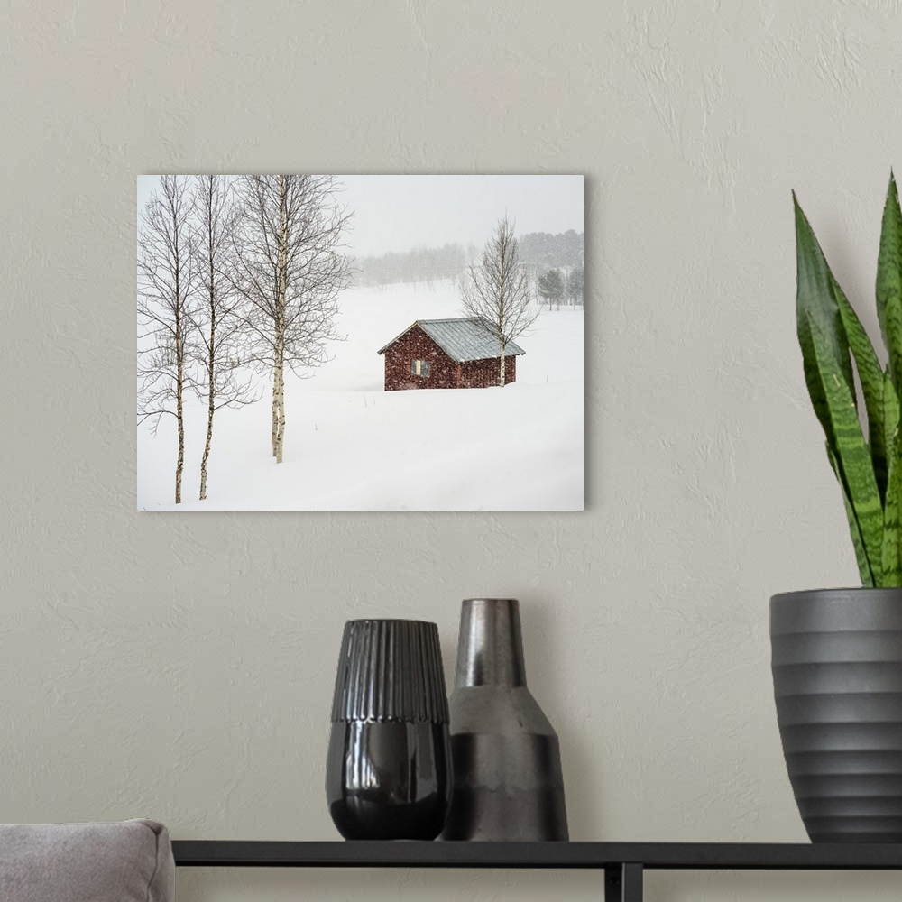 A modern room featuring Snow Falling Over A Rural Landscape And A Small Red Building; Arjeplog, Norrbotten County, Sweden