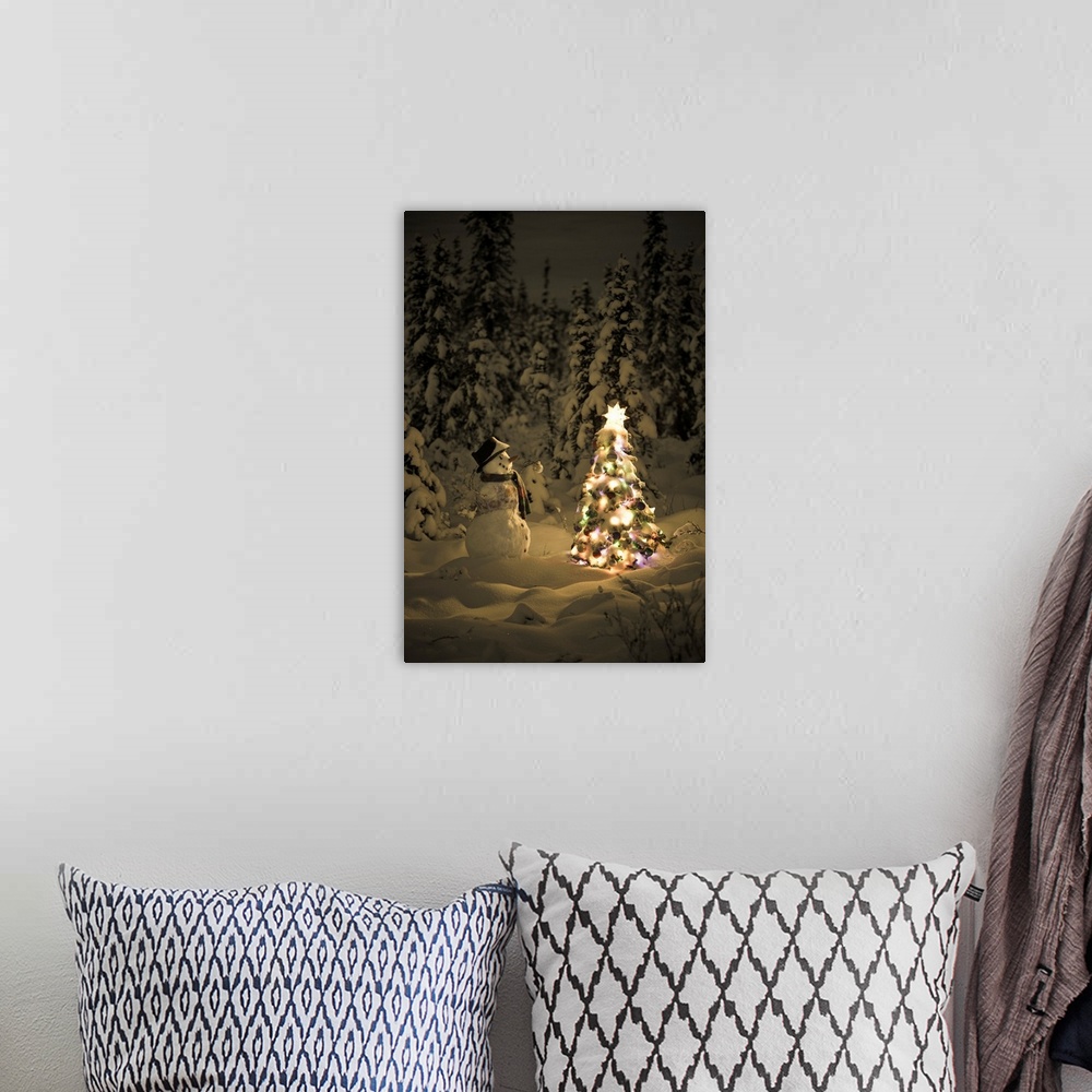 A bohemian room featuring Snowman In Snowcovered Spruce Forest Next To Christmas Tree