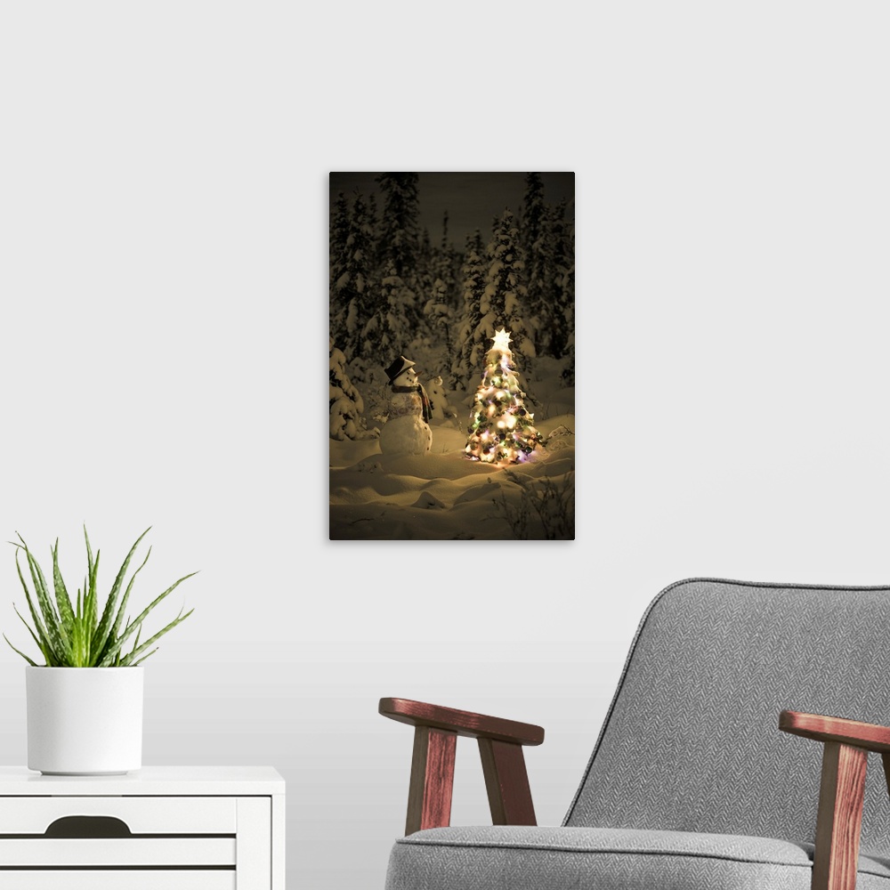 A modern room featuring Snowman In Snowcovered Spruce Forest Next To Christmas Tree