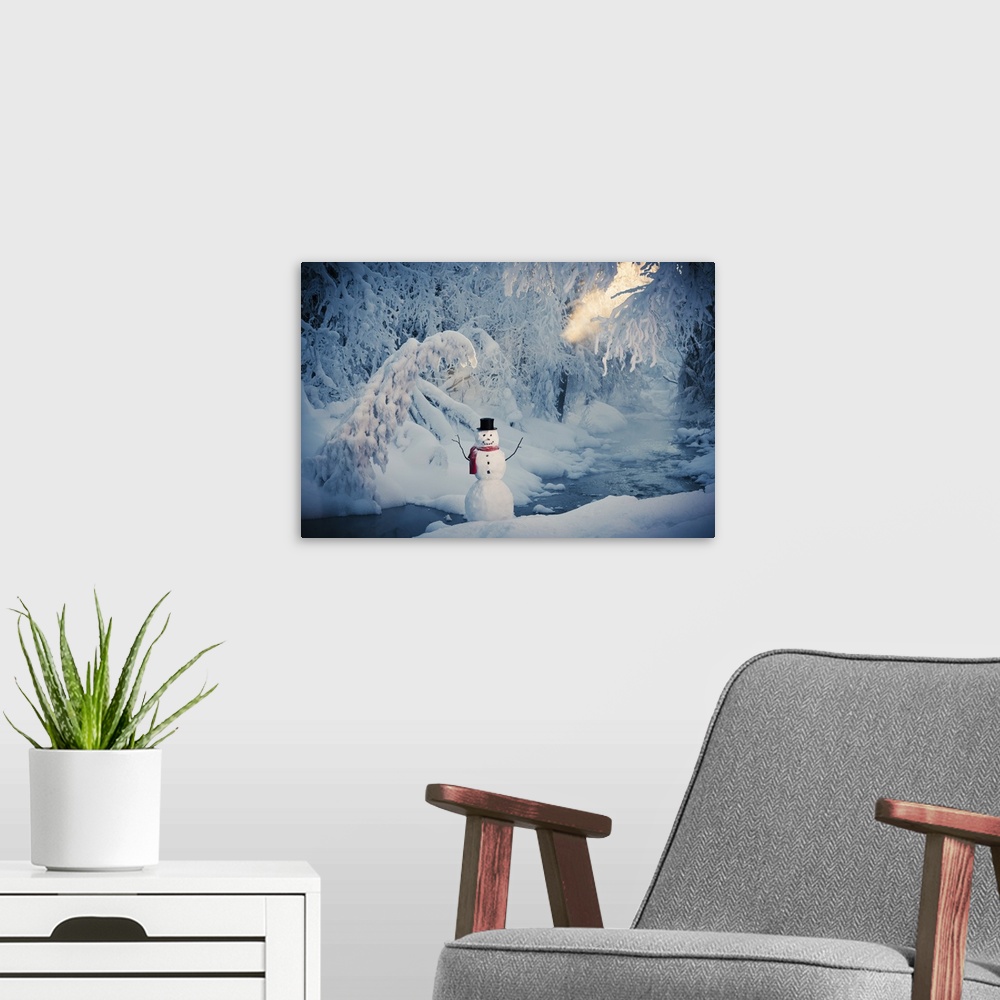 A modern room featuring Snowman Standing Next To A Stream With Fog And Hoar Frosted Trees In The Background, Russian Jack...
