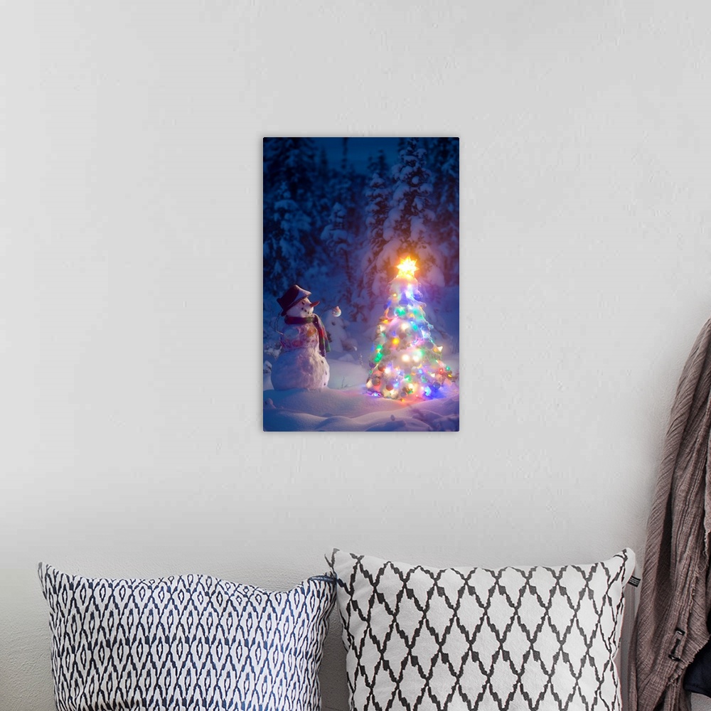 A bohemian room featuring Festive scene of a snowman happily looking upon a Christmas tree covered in lights and a glowing ...