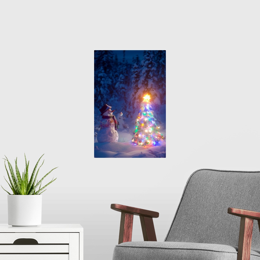 A modern room featuring Festive scene of a snowman happily looking upon a Christmas tree covered in lights and a glowing ...