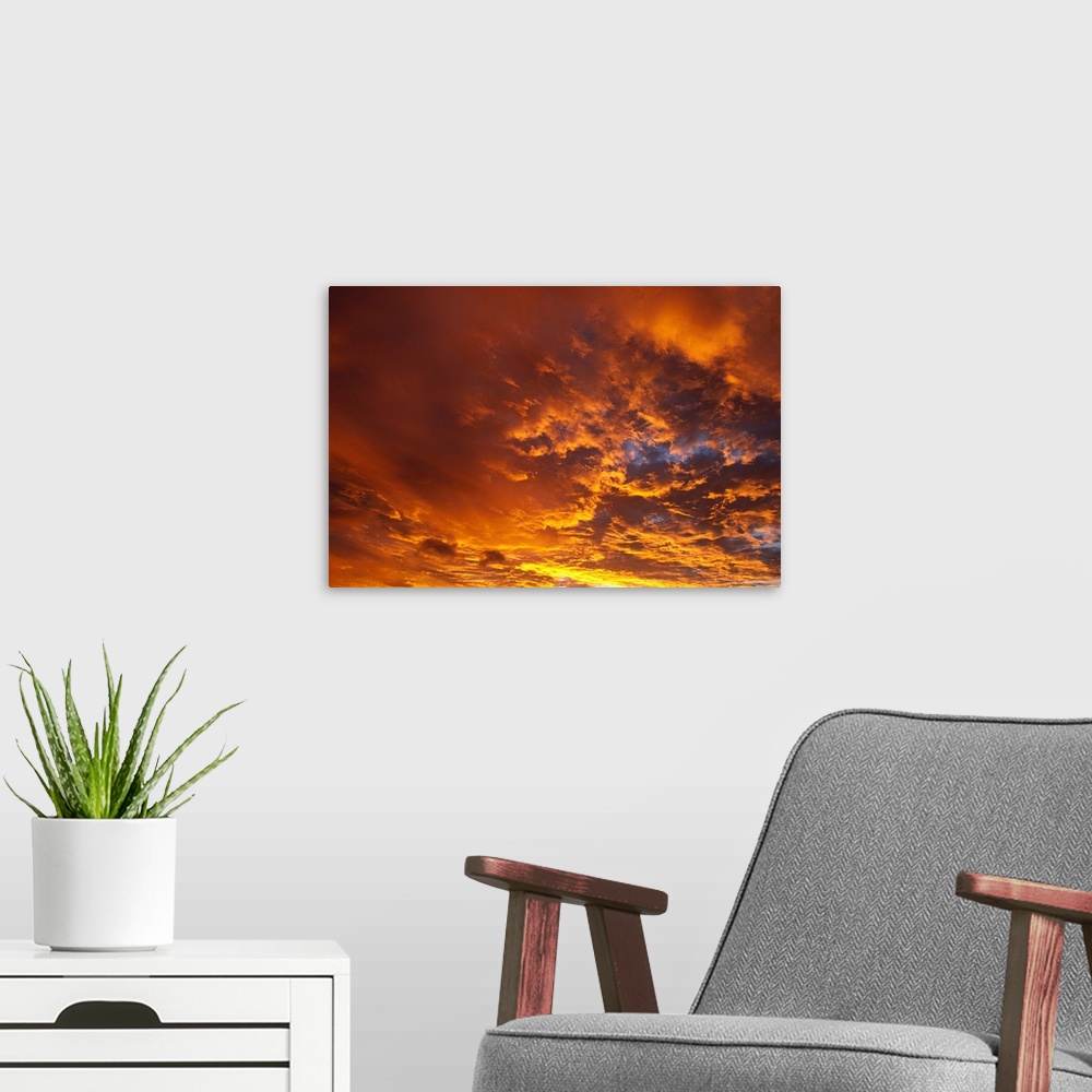 A modern room featuring Spectacular Large Clouds At Sunrise, Orange Pink Golden Sky