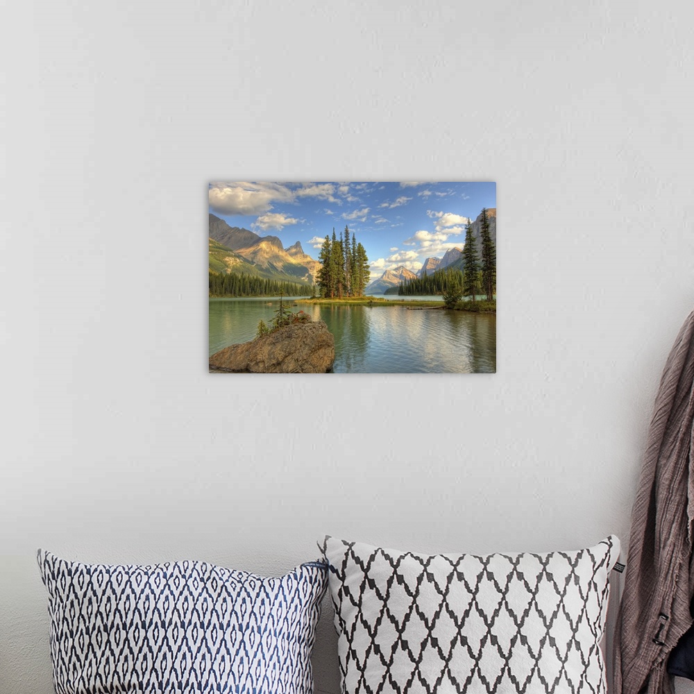 A bohemian room featuring Spirit Island At Sunset, Maligne Lake, Jasper National Park, Alberta, Canada