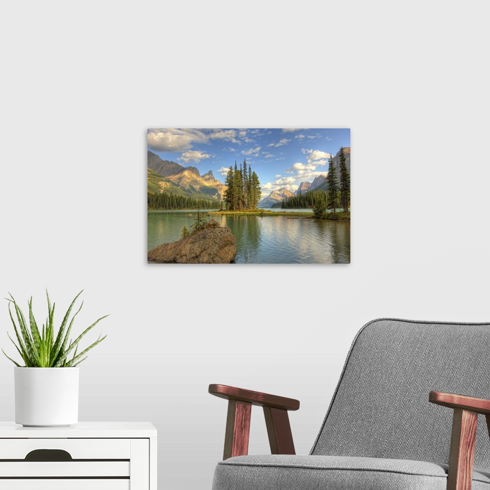 A modern room featuring Spirit Island At Sunset, Maligne Lake, Jasper National Park, Alberta, Canada