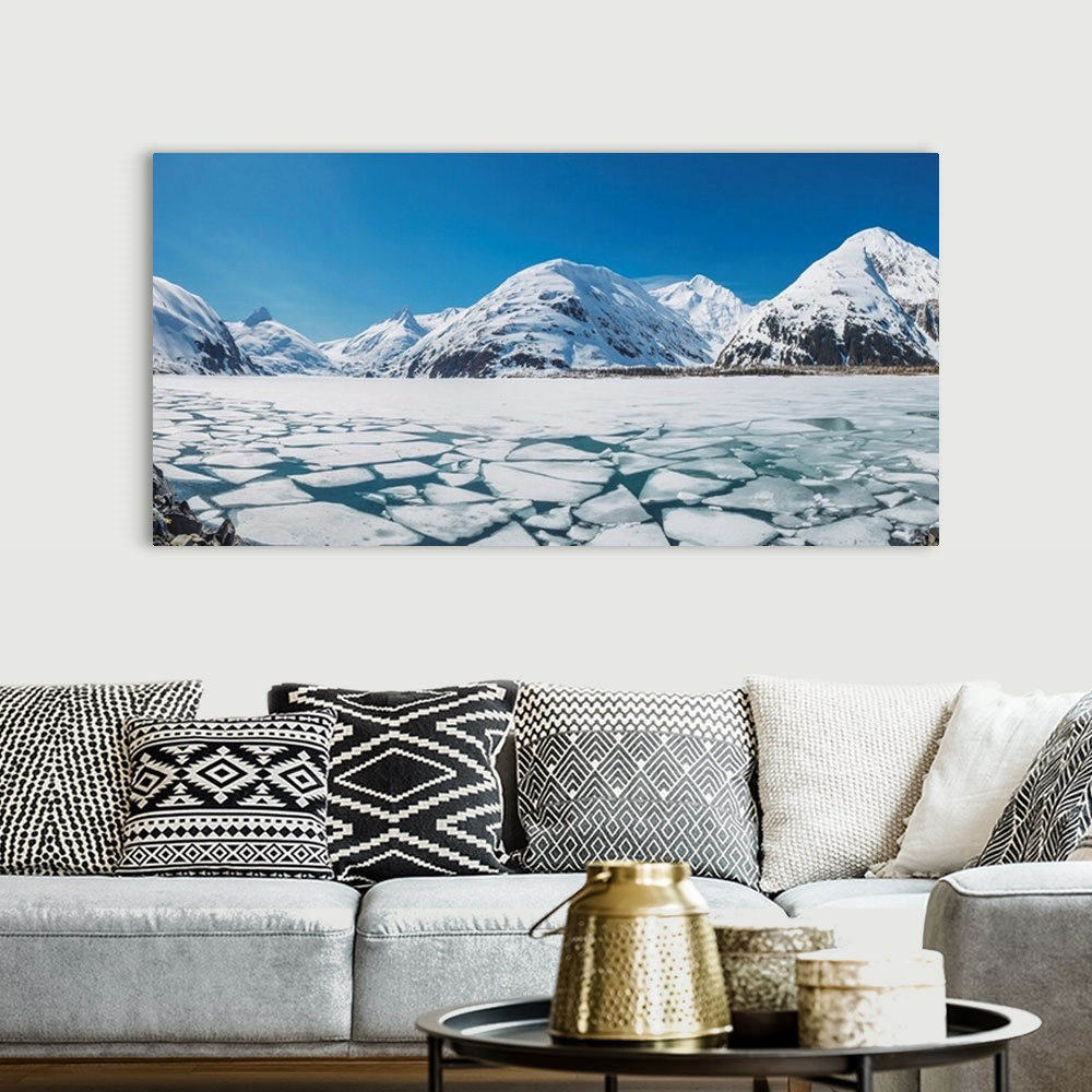 A bohemian room featuring Spring ice breaking apart on the surface of Portage Lake, Chugach mountains, Chugach National For...