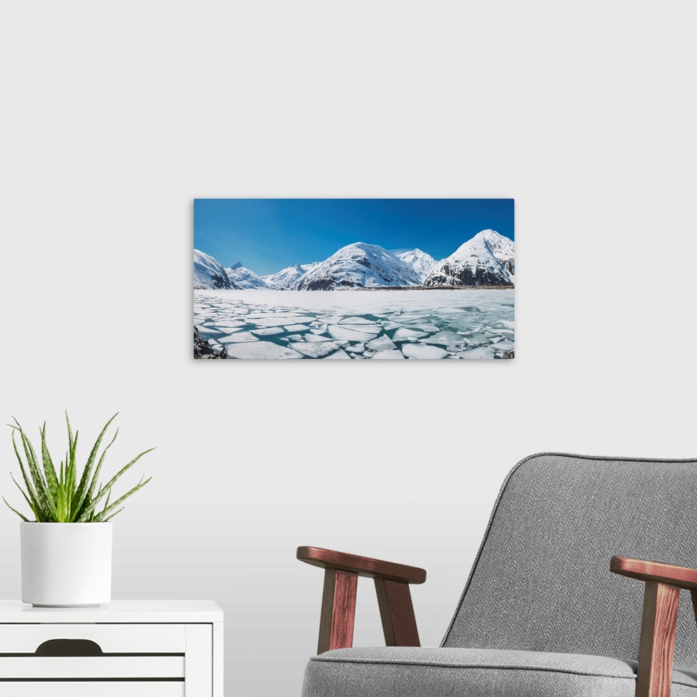 A modern room featuring Spring ice breaking apart on the surface of Portage Lake, Chugach mountains, Chugach National For...