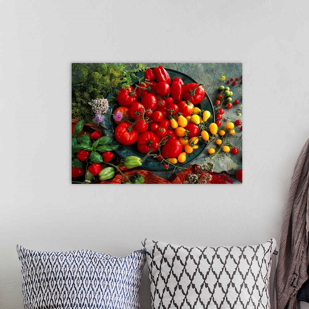 A bohemian room featuring Still-life of tomato varieties and herbs