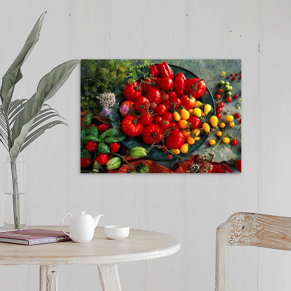 A farmhouse room featuring Still-life of tomato varieties and herbs