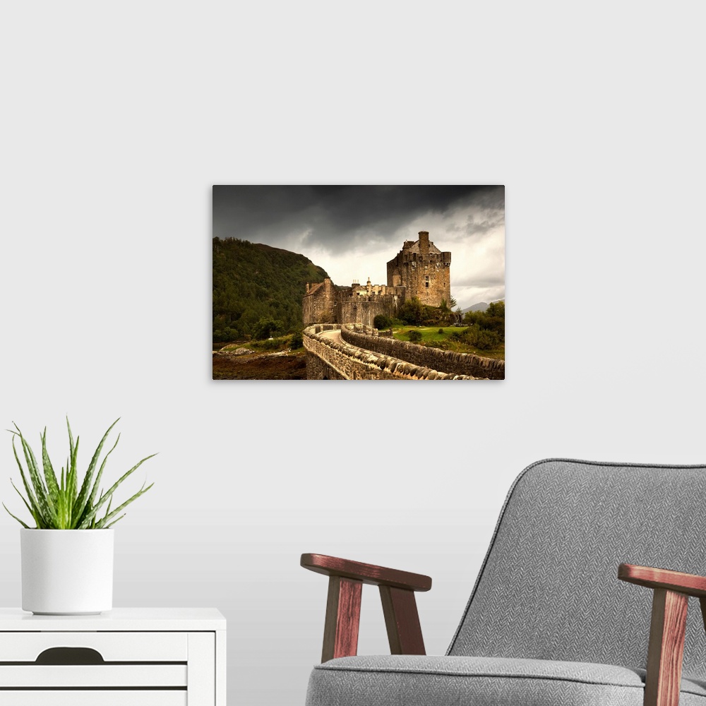 A modern room featuring Stone Bridge Leading To A Castle Under A Stormy Sky. Kyle Of Lochalsh Highlands Scotland.