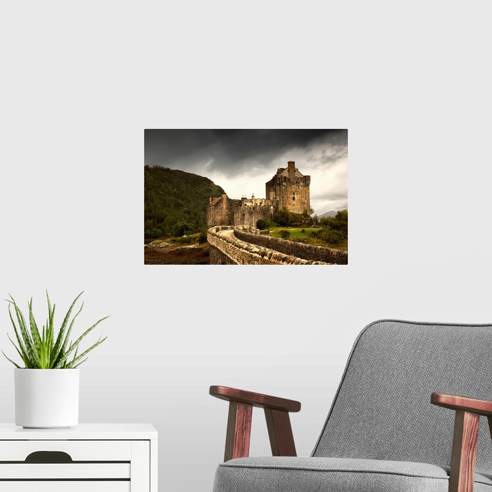 A modern room featuring Stone Bridge Leading To A Castle Under A Stormy Sky. Kyle Of Lochalsh Highlands Scotland.