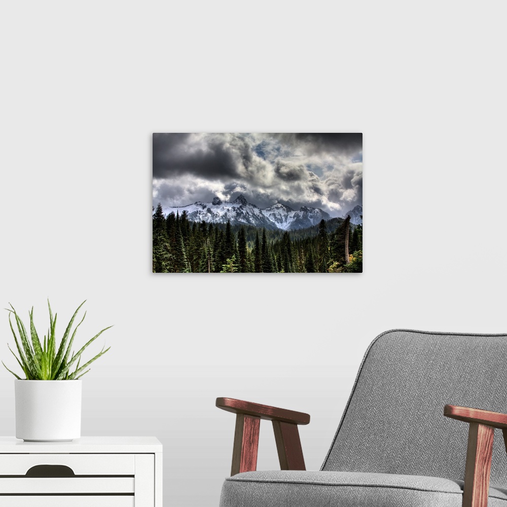 A modern room featuring Storm Clouds, Mount Rainier, Pierce County, Washington