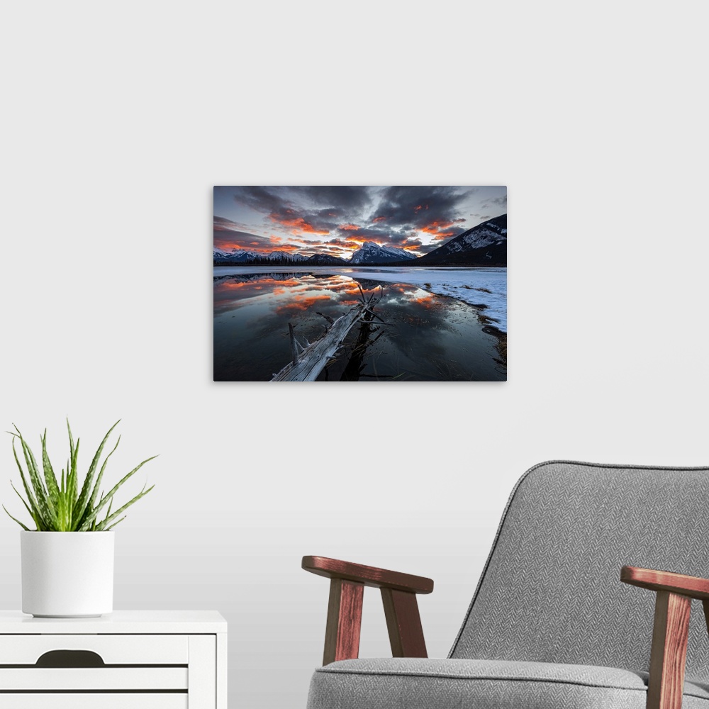 A modern room featuring Stunning sunrise at Vermillion Lakes backed by Mt. Rundle in Banff National Park.