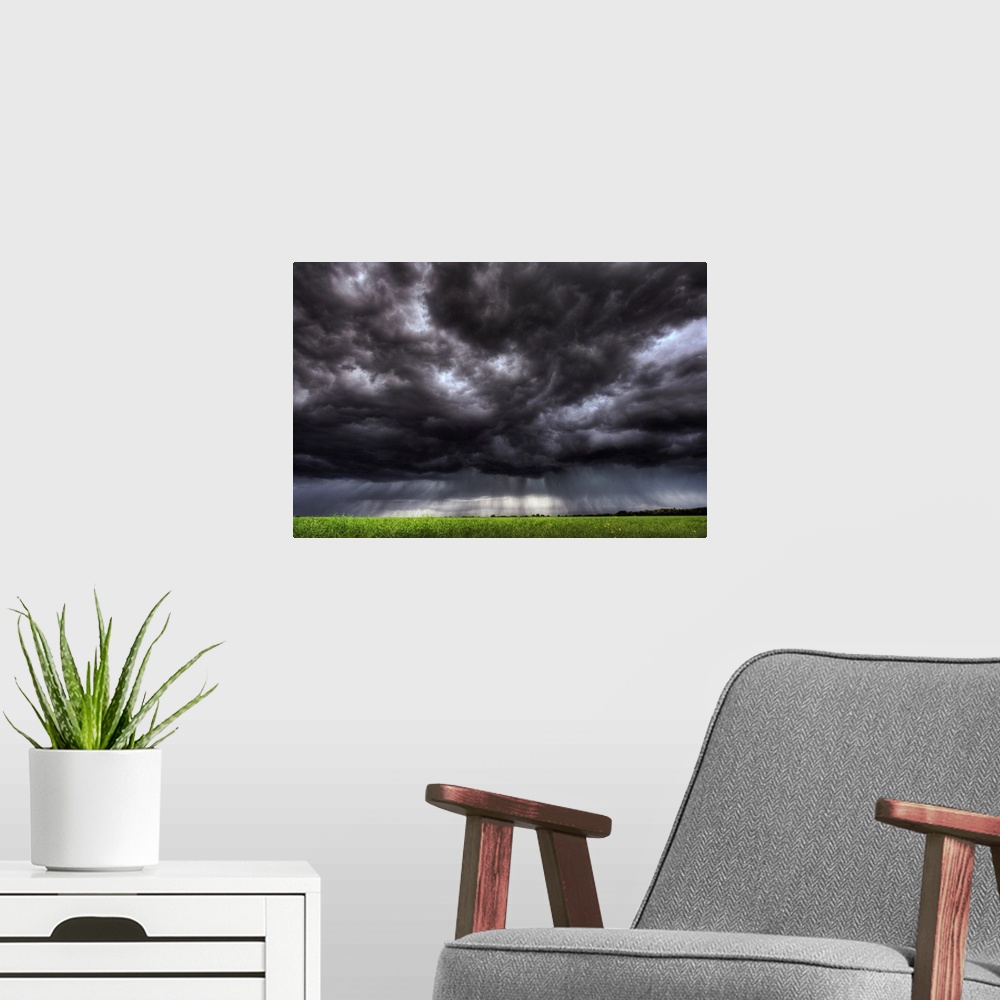 A modern room featuring Summer Storm Clouds Over An Unripened Canola Field, Alberta, Canada