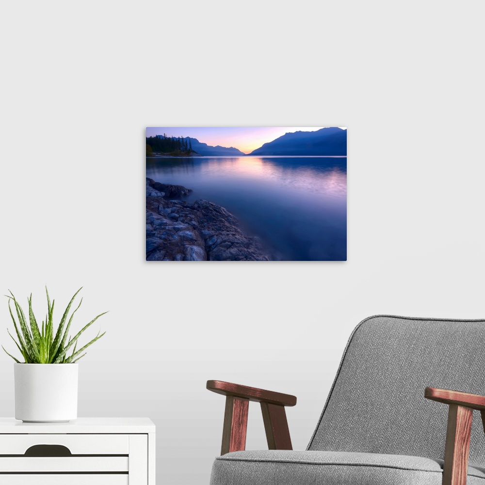 A modern room featuring Summer Sunrise On Abraham Lake In The Canadian Rockies, Alberta, Canada