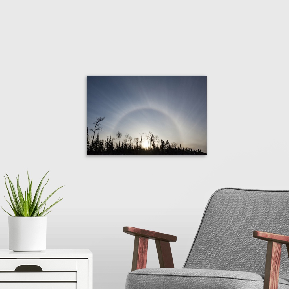 A modern room featuring Sun halo in blue sky over silhouetted trees; Sault St. Marie, Michigan, United States of America