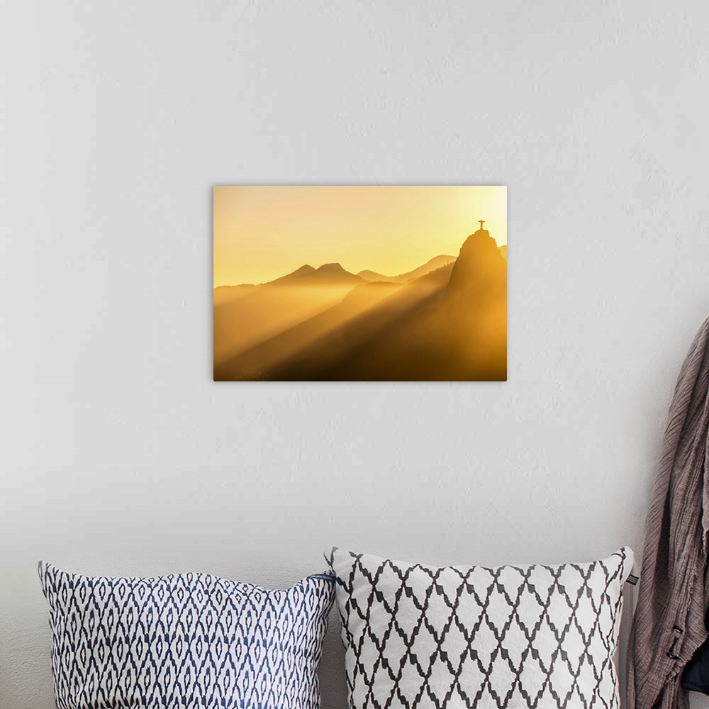 A bohemian room featuring Sun rays over hills and Christ the Redeemer statue of Rio De Janeiro; Rio de Janeiro, Rio de Jane...