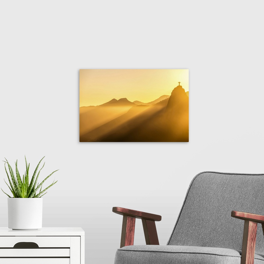 A modern room featuring Sun rays over hills and Christ the Redeemer statue of Rio De Janeiro; Rio de Janeiro, Rio de Jane...
