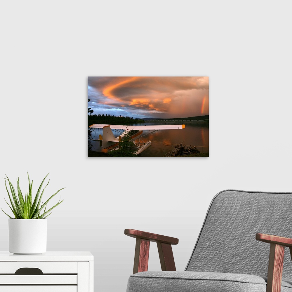 A modern room featuring Sunlit Storm Clouds Over A Float Plane, Teslin Lake, Yukon, Canada