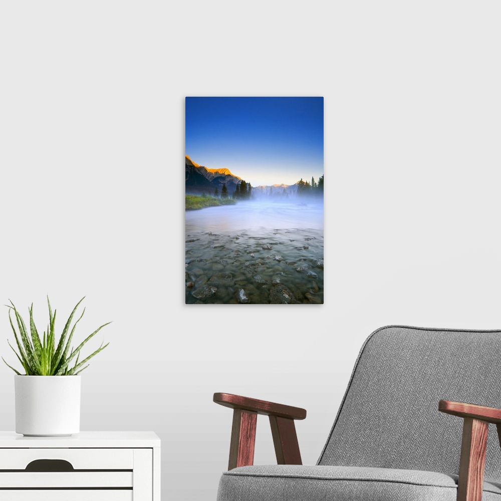 A modern room featuring Sunrise And Early Morning Mist On Mountain River