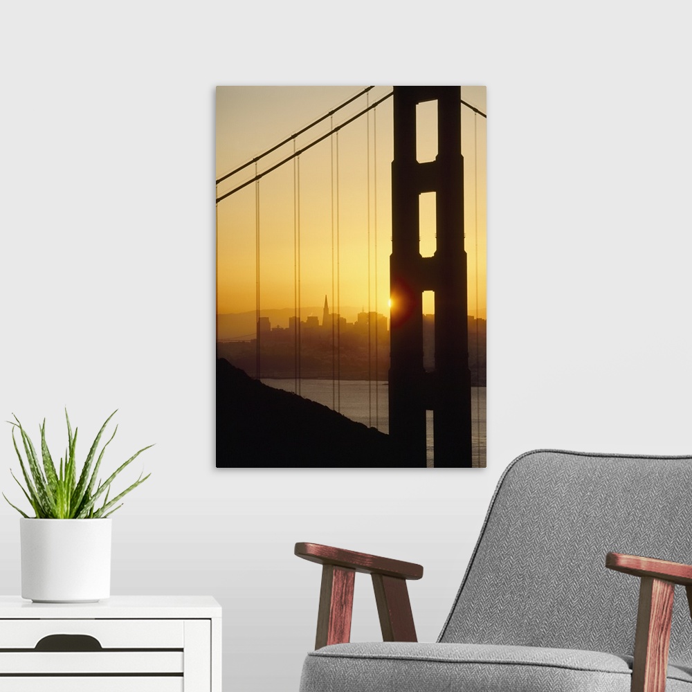 A modern room featuring Sunrise Behind The Golden Gate Bridge; San Francisco, California