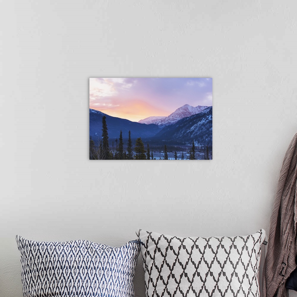 A bohemian room featuring Sunrise Lights The Clouds Pink Above The Sentinel Range Along The Alcan Highway, Muncho Lake Prov...