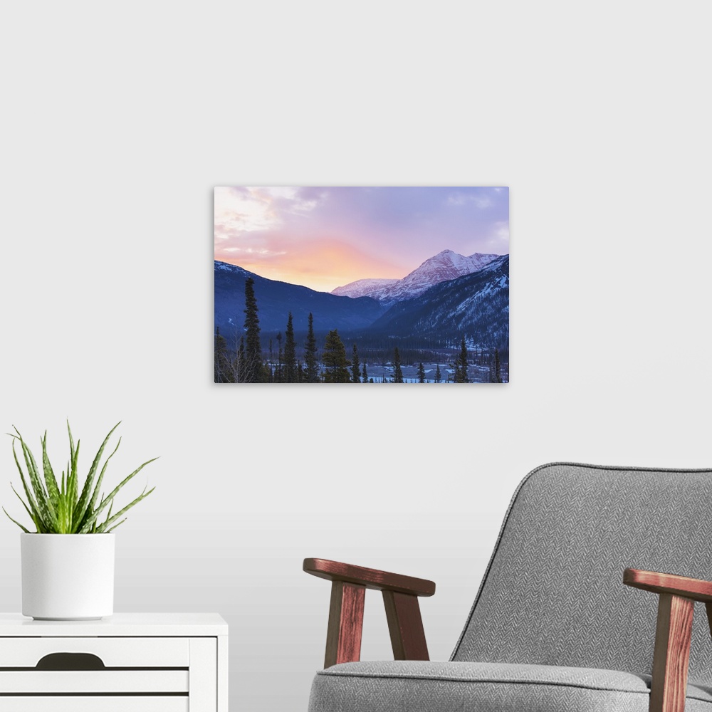A modern room featuring Sunrise Lights The Clouds Pink Above The Sentinel Range Along The Alcan Highway, Muncho Lake Prov...