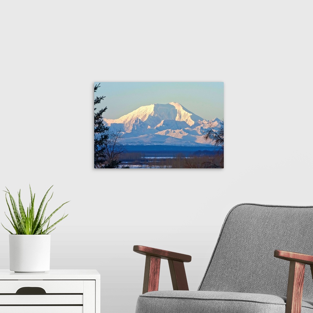 A modern room featuring Sunrise on Mt. Foraker as seen near Talkeetna, Alaska