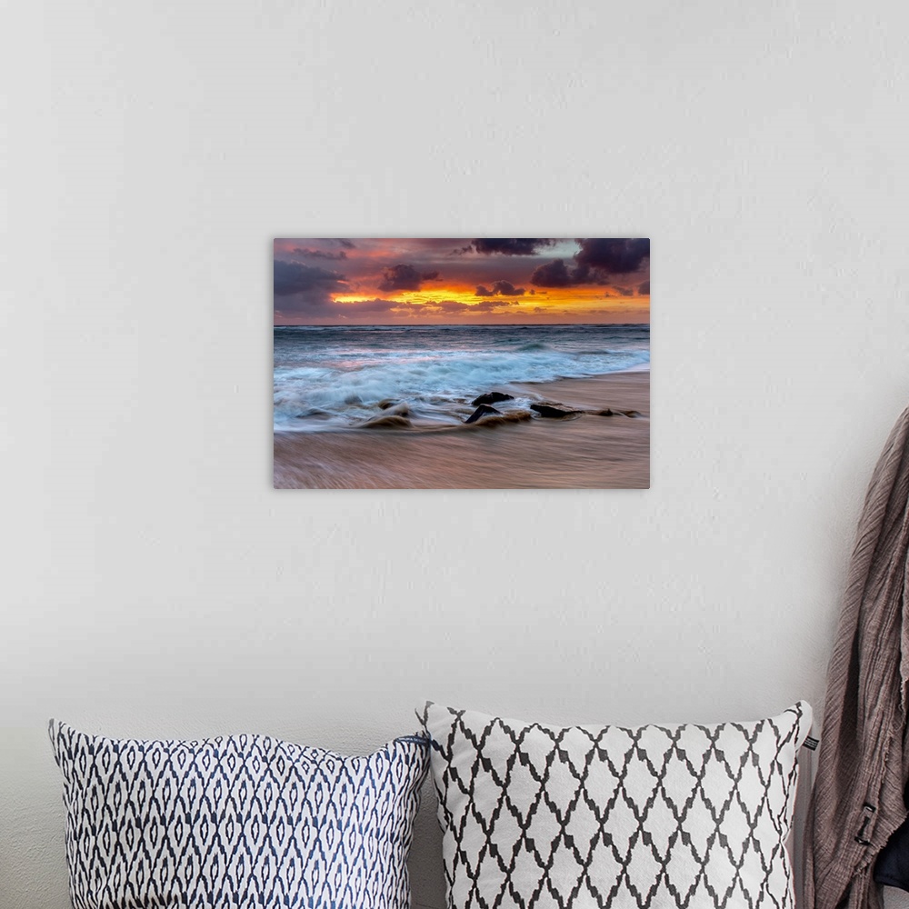 A bohemian room featuring Sunrise on the Hawaiian shore, Lydgate Beach; Kapaa, Kauai, Hawaii, United States of America.