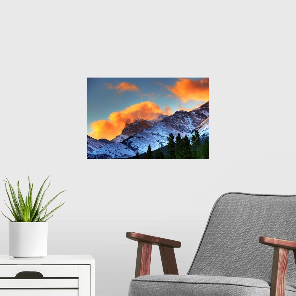 A modern room featuring Sunrise Over Crowsnest Pass, Border Of British Columbia And Alberta, Canada